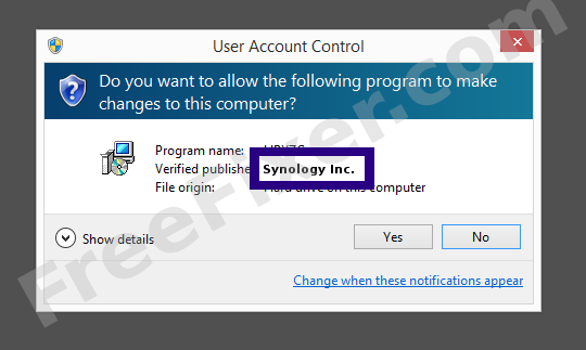 Screenshot where Synology Inc. appears as the verified publisher in the UAC dialog